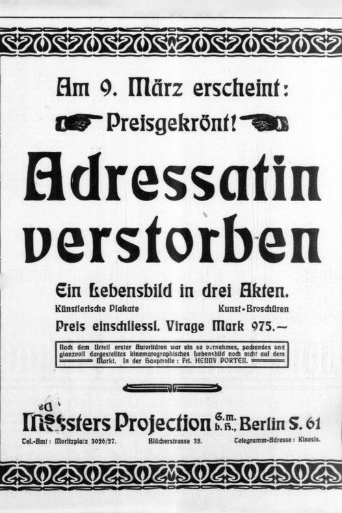 Adressatin verstorben (1912) poster